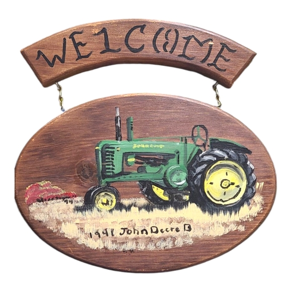 Vintage John Deere Tractor Welcome Sign Handpainted Signed Handmade Farmhouse - Picture 1 of 7